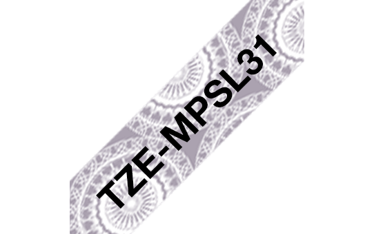 TZeMPSL31: оригинальная кассета с лентой для печати наклеек черным на  фоне серебристого орнамента в виде кружева, ширина 12 мм.